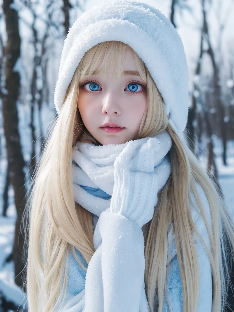 solo, Snow, super long bright blonde hair, Super Long Straight Hair, side lock, parted bangs, Shining eyes are bright light blue, very big eyes、detailed face, winter clothes, White headscarf, whole body, Snowy forest, Fascinating realm, (nose blush, heavy breathing:1.1), (broody:1.4)