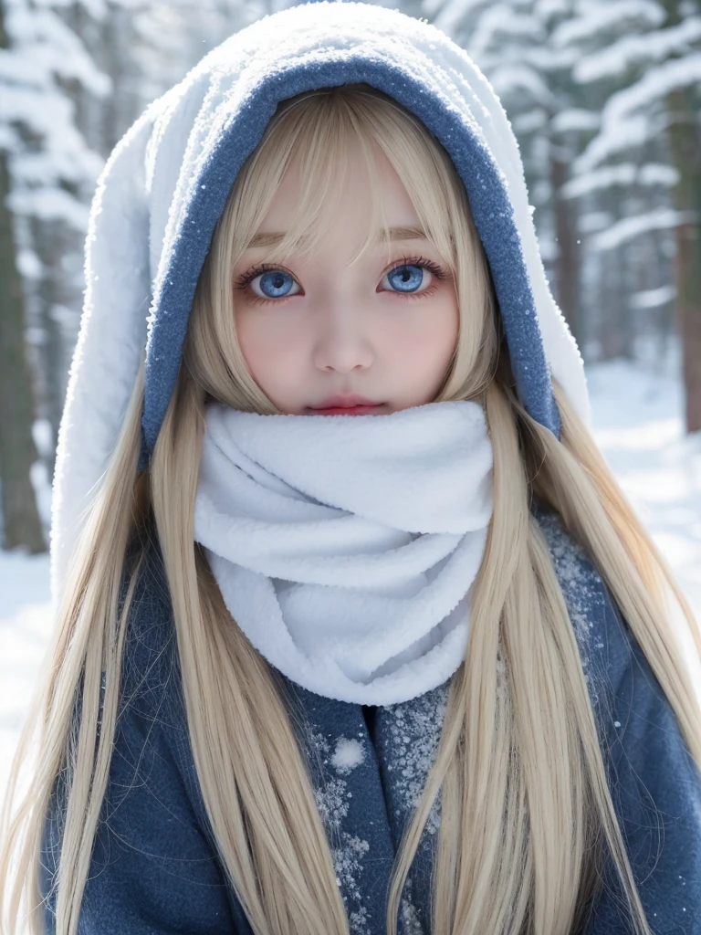 solo, Snow, super long bright blonde hair, Super Long Straight Hair, side lock, parted bangs, Shining eyes are bright light blue, very big eyes、detailed face, winter clothes, White headscarf, whole body, Snowy forest, Fascinating realm, (nose blush, heavy breathing:1.1), (broody:1.4)