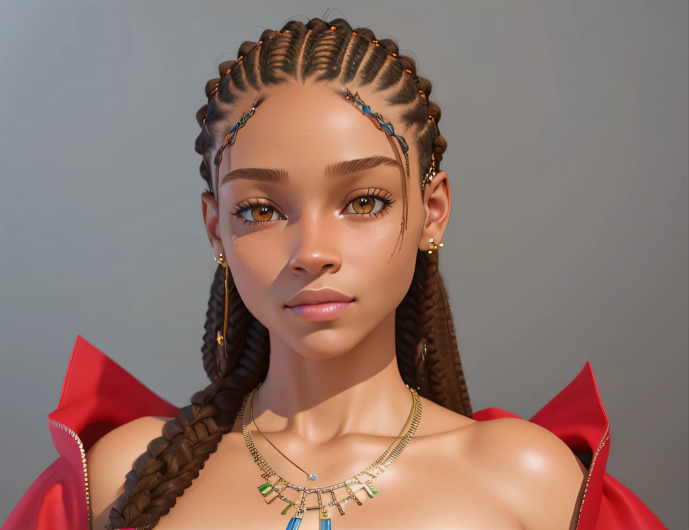 a close up of a woman with braids and a necklace, cornrows braids, with textured hair and skin, render of april, 3 d render stylized, anime styled 3d, light skinned african young girl, cornrows, hyper realistic style, pigtails hairstyle, 8k highly detailed face, elegant fantasy style braids