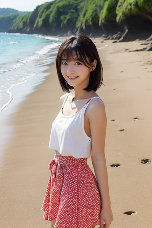 beach,An innocent Japanese beautiful girl standing on the sandy beach, high ager, Height: 155cm, bust 79cm, Waist 55cm, Hips 90cm, barefoot, standing tall on the sandy beach, Shot straight ahead, Camera is at waist heightから撮った写真, Photo from thighs up, Camera is at waist height, standing position, elongated facial contour, Smile a little,sharp cheeks, round chin, clean nose, looking at the camera, thin cheeks, round chin, long eyes, beautiful eyes, black eyes, bob cut hair, brown hair, Plunging white tank top with large red polka dots, Fluttery white mini skirt, Panties are slightly visible