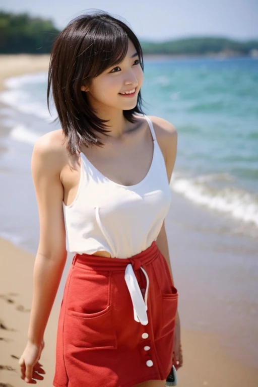 Innocent Japanese girl,High r,detailed bodyline,Small,Small,Smaller chest,big breasts thin waist,standing up,Full body shot,fully body photo,Shot straight ahead,Looking at the camera,Standing,rest your legs,Rest your feet,Thick thighs,Thick calf,white sandals on feet,Bob cut hair,a little brown hair,elongated facial contour,a little bit smile,Looking at the camera,skinny cheeks,Round chin,Slender eyes,Beautiful eyes,Dark blue eyes,Tank top with red dots on white background,fluttering red miniskirt,beach,sand beach