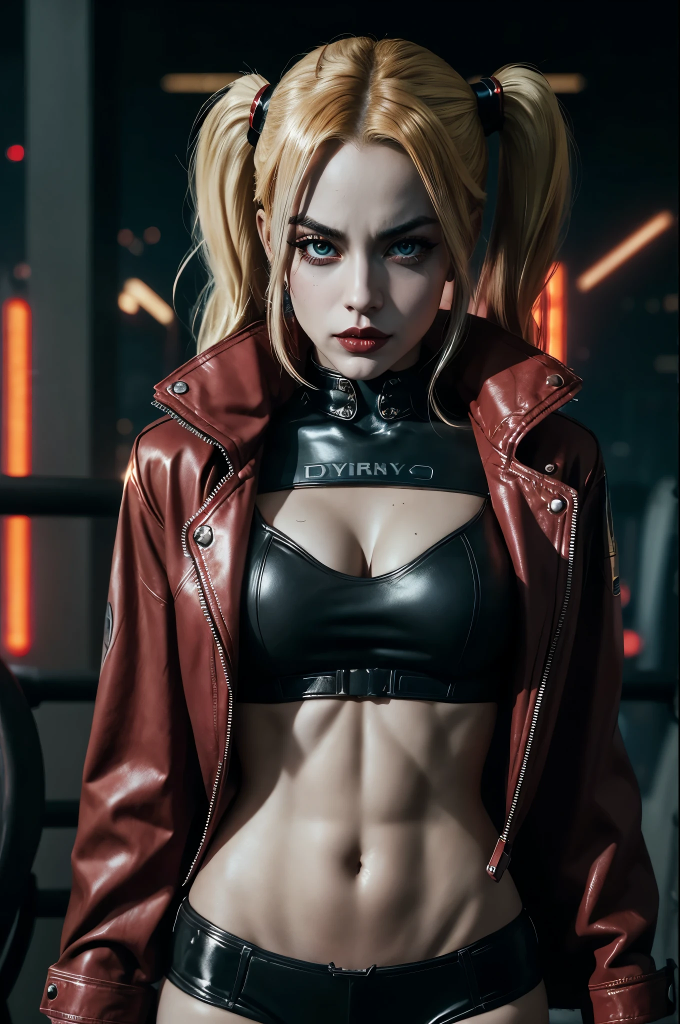32k cinematic shoot of DC's sexy harley quinn red cropped jacket, beautiful face and perfect eyes, on futuristic cyberpunk Gotham city, explosion behind, hyper detail, extreme detail