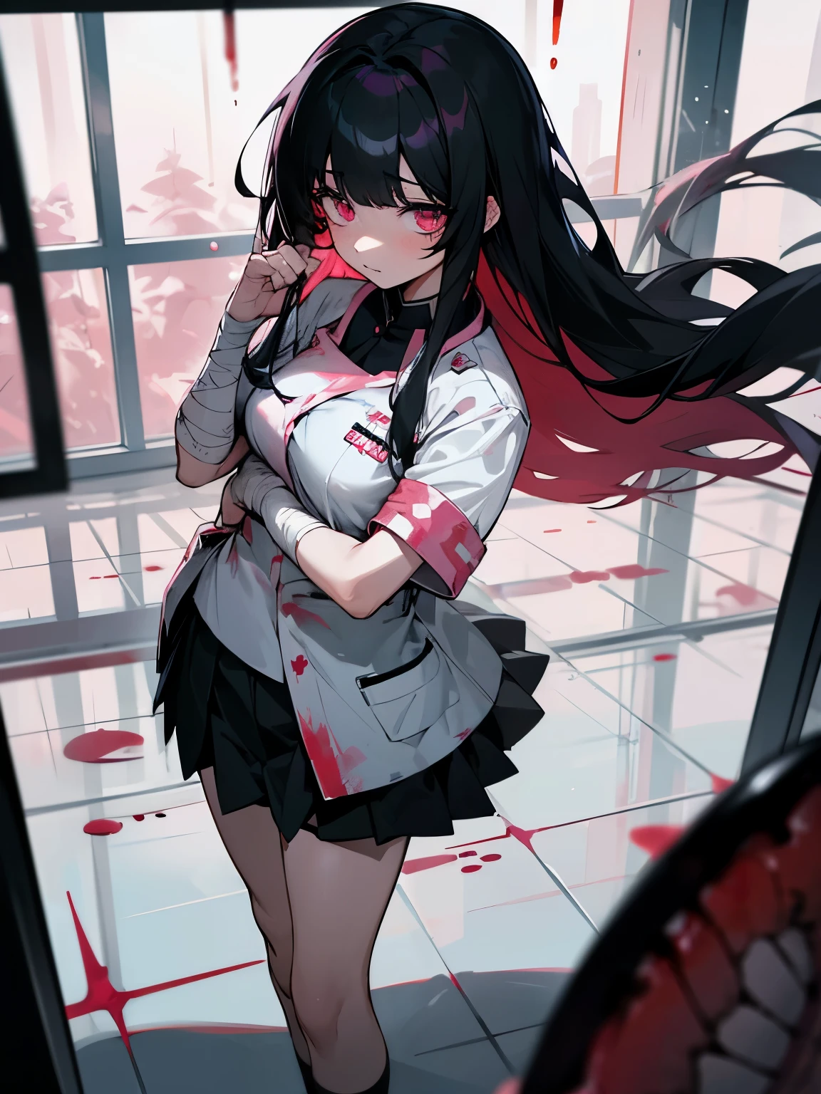 Blood droplets、blood、Internal organs、hospital、白と黒のnurse uniform、Bandages on both arms、Bandage on the leg、have a knife、cadaver、impatient face、be bothered、panic、hospitalの中、hospital room、desolation、window、black hair、pink eyes、long hairBlood droplets、blood、Internal organs、hospital、long hair、Let your hair down、disheveled hair、20-year-old、anxiety、panic、black and white short skirt、nurse uniform、aldult、kind、Blood droplets、short bangs、adult