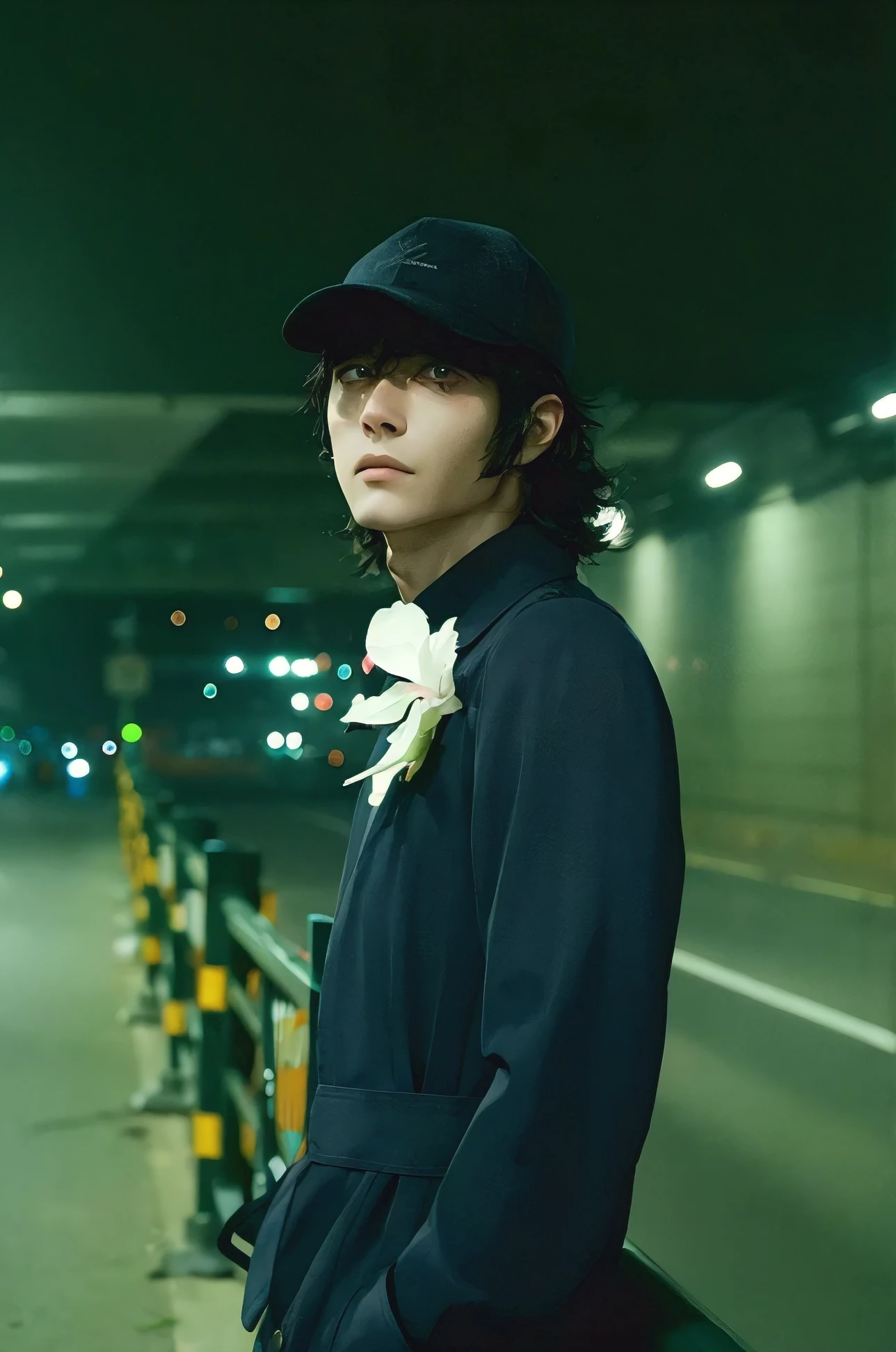 An image of a man with long black hair, not passing the shoulder, wearing purple and green clothes smoking cigarette inside a car in Japan