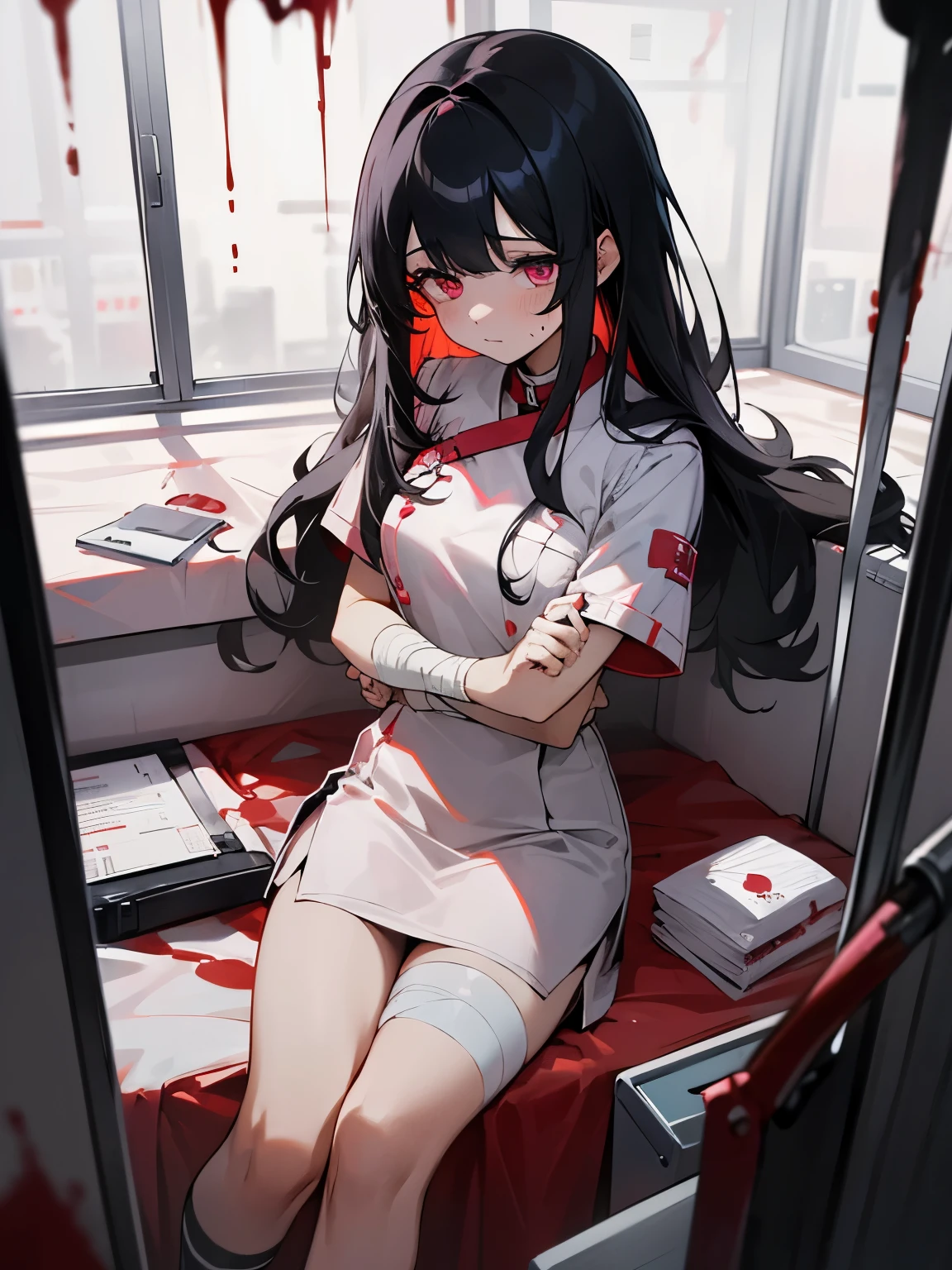 Blood droplets、blood、Internal organs、hospital、白と黒のnurse uniform、Bandages on both arms、Bandage on the leg、have a knife、cadaver、impatient face、be bothered、panic、hospitalの中、hospital room、desolation、window、black hair、pink eyes、long hairBlood droplets、blood、Internal organs、hospital、long hair、Let your hair down、disheveled hair、20-year-old、anxiety、panic、black and white short skirt、nurse uniform、aldult、kind、Blood droplets、short bangs、adult