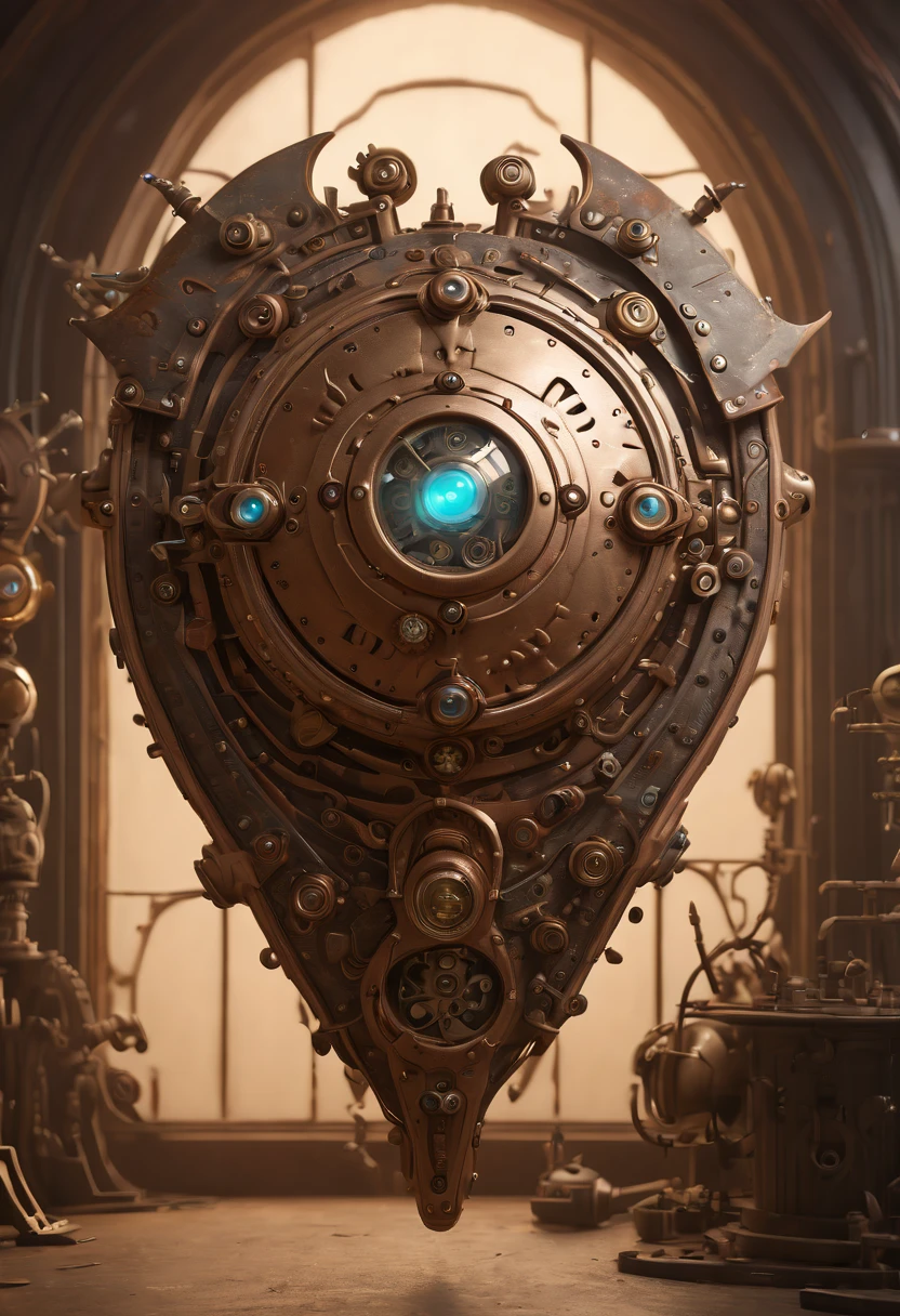Large Shield, steampunk, whimsical, by Brian Jungen and Boris Groh, epic, fantasy art, octane render, intricate, (best quality, masterpiece, Representative work, official art, Professional, unity 8k wallpaper:1.3)