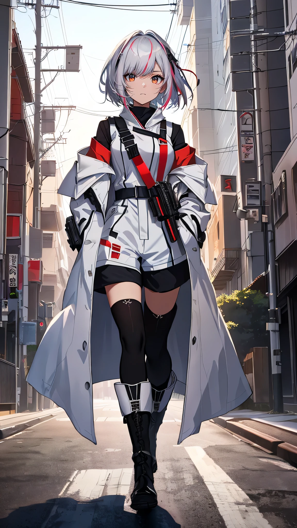 (Masterpiece,4K,top-quality, Cinematic,cinematic Film still from), Award-winning concept Japanese anime wallpapers,Japanese anime,Detailed surface,Reasonable structure,A girl stands on the street, watching the camera,Powder white short hair streaked hair,Red eyeliner,Black jumpsuit,White Off Shoulder Coat,White shorts,Grey stockings,Black long boots,Wide- angle view,neon cold lighting,super details