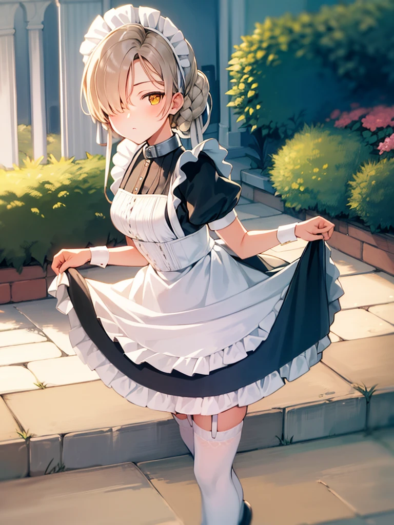 (Super detailed),(master piece),(highest quality), beautiful lighting,cg,(color:1.2),outdoor, garden, alone, 
 Sheffield \(azur lane\), maid_headdress,maid,apron,collar,Lock,fluffy_dispel,expensive_all_boots,juliet_dispel,黄color_eye,blonde_hair,前hair,with ruffles_dress,maid_apron,with ruffles_apron,ribbon,black dress,garter belt,knee socks,hair up,