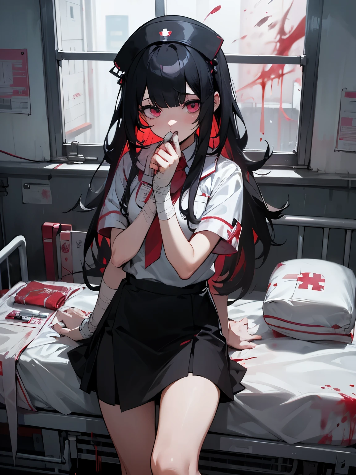 Blood droplets、blood、Internal organs、hospital、白と黒のnurse uniform、Bandages on both arms、Bandage on the leg、have a knife、cadaver、impatient face、be bothered、panic、hospitalの中、hospital room、desolation、window、black hair、pink eyes、long hairBlood droplets、blood、Internal organs、hospital、long hair、Let your hair down、disheveled hair、20-year-old、anxiety、panic、black and white short skirt、nurse uniform、aldult、kind、Blood droplets、short bangs、adult
