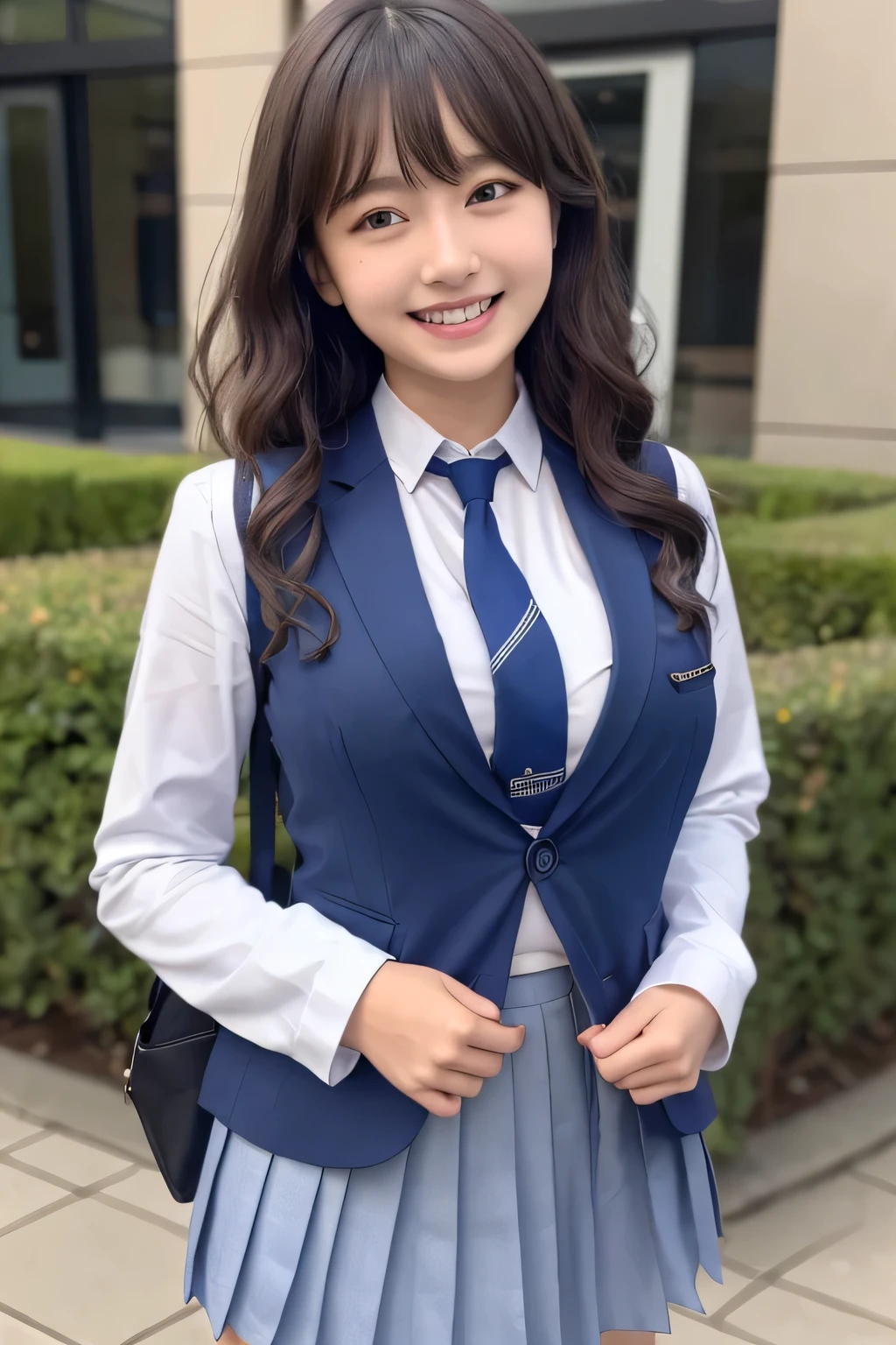 8K, highest quality, real image, intricate details, super detailed, Super high resolution, depth field,(realistic,realistic:1.2), (laughing, white teeth), 1 girl, Eye_Chan, very beautiful 17 year old girl, innocent big eyes,、beautiful breasts:1.5、highly detailed eyes:1.2)、(beautiful breasts:1.1)、 wavy hair、curly hair、bangs、, perfect skin, Fair skin, cleavage, tight waist, huge breasts、light blush, alone、 looking at the viewer, ((School_uniform), (dark blue blazer), (white shirt、Wearing a tie), (gray pleated skirt), (sculpture installation :1.1)、 Station Square
