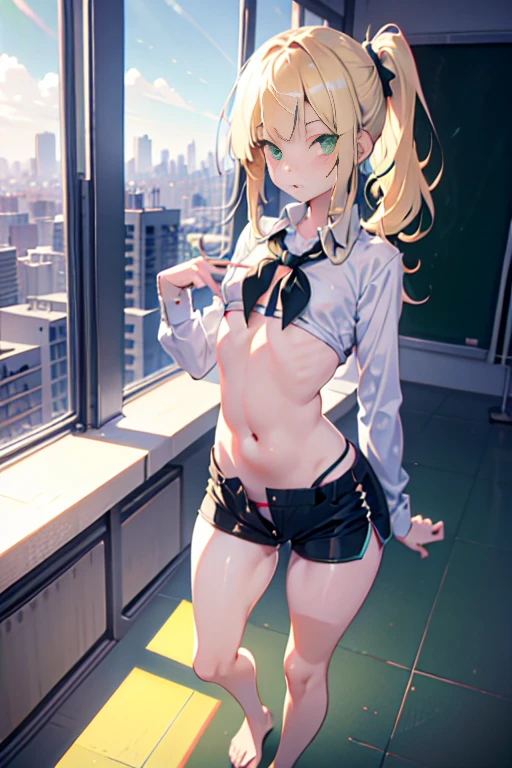 li, (flat chest:1.2), full body, blonde hair, green eyes, low ponytail, blunt bangs, buttoned shirt, shorts, classroom, (wide hips:1.1), huge ass, city skyline, light rays, thigh gap, standing