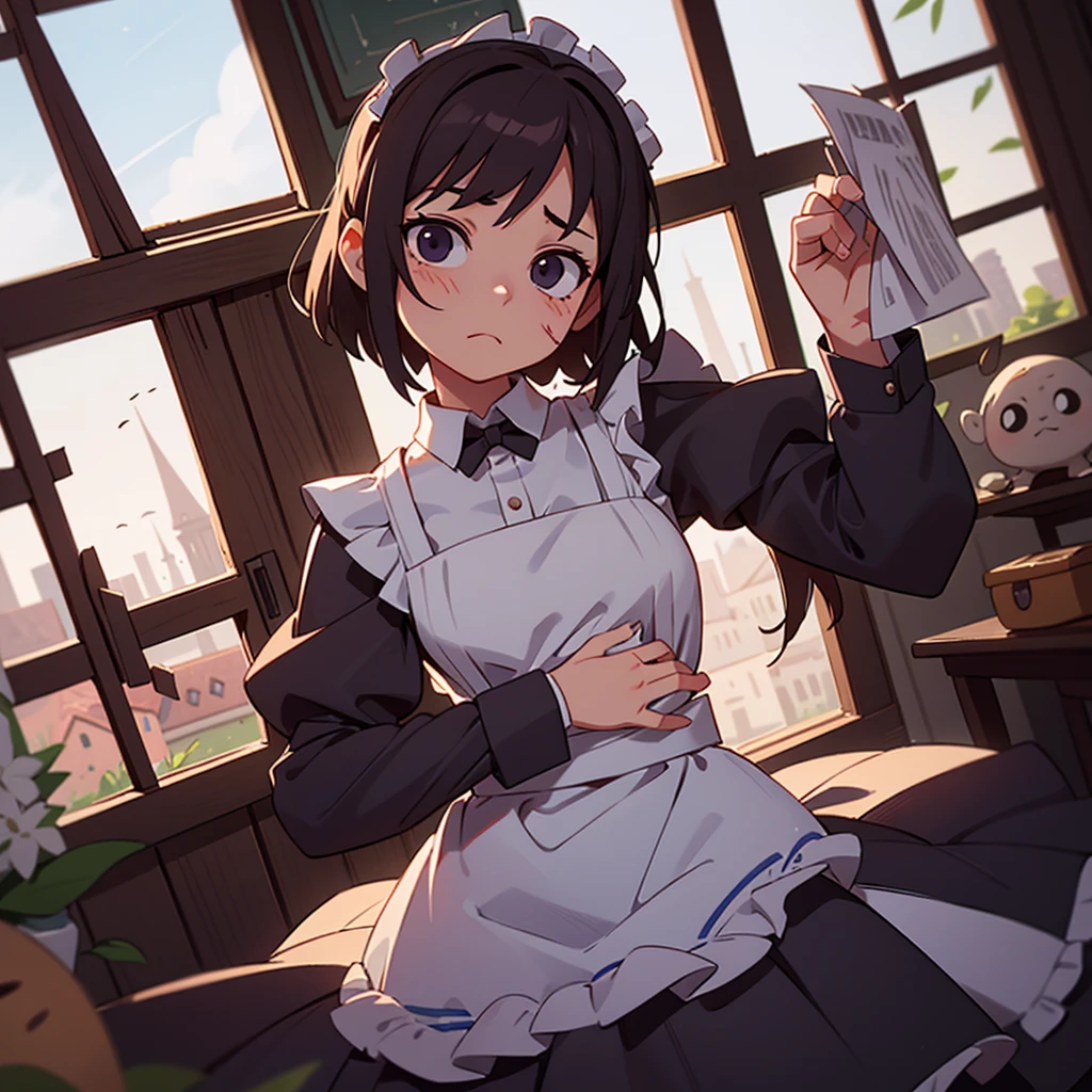 Only one girl, 1girl, wearing maid clothes, emotionless face, a body that has many scars, inside the mansion