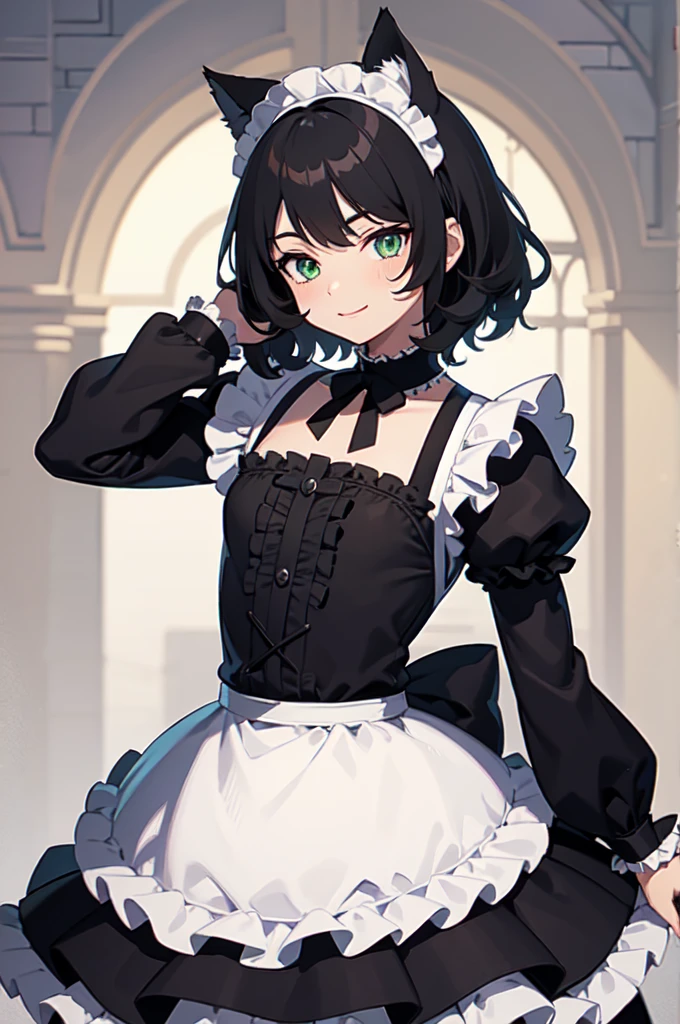masterpiece, best quality, ultra high res, beautiful detailed hair detailed face, perfect face, (happy face), ((male)), cat boy, neko male, 1male, male focus, short curly black hair, flat chested, (green eyes), ((maid costume, frills, lace)), art by sakimichan, george kamitani, akira yasuda, night day on dark forest