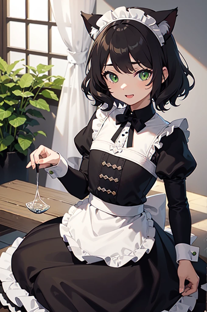 masterpiece, best quality, ultra high res, beautiful detailed hair detailed face, perfect face, (happy face), ((male)), cat boy, neko male, 1male, male focus, short curly black hair, flat chested, (green eyes), ((maid costume, frills, lace)), art by sakimichan, george kamitani, akira yasuda, night day on dark forest