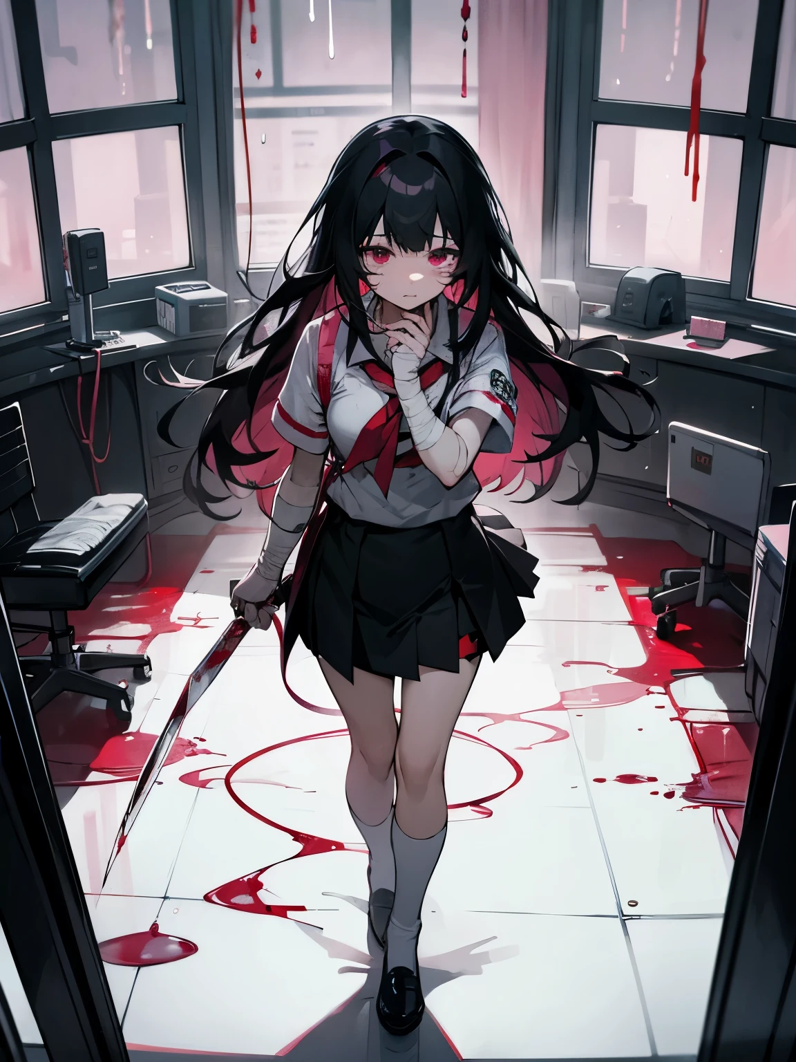 Blood droplets、blood、Internal organs、hospital、白と黒のnurse uniform、Bandages on both arms、Bandage on the leg、have a knife、cadaver、impatient face、be bothered、panic、hospitalの中、hospital room、desolation、window、black hair、pink eyes、long hairBlood droplets、blood、Internal organs、hospital、long hair、Let your hair down、disheveled hair、20-year-old、anxiety、panic、black and white short skirt、nurse uniform、aldult、kind、Blood droplets、short bangs、adult