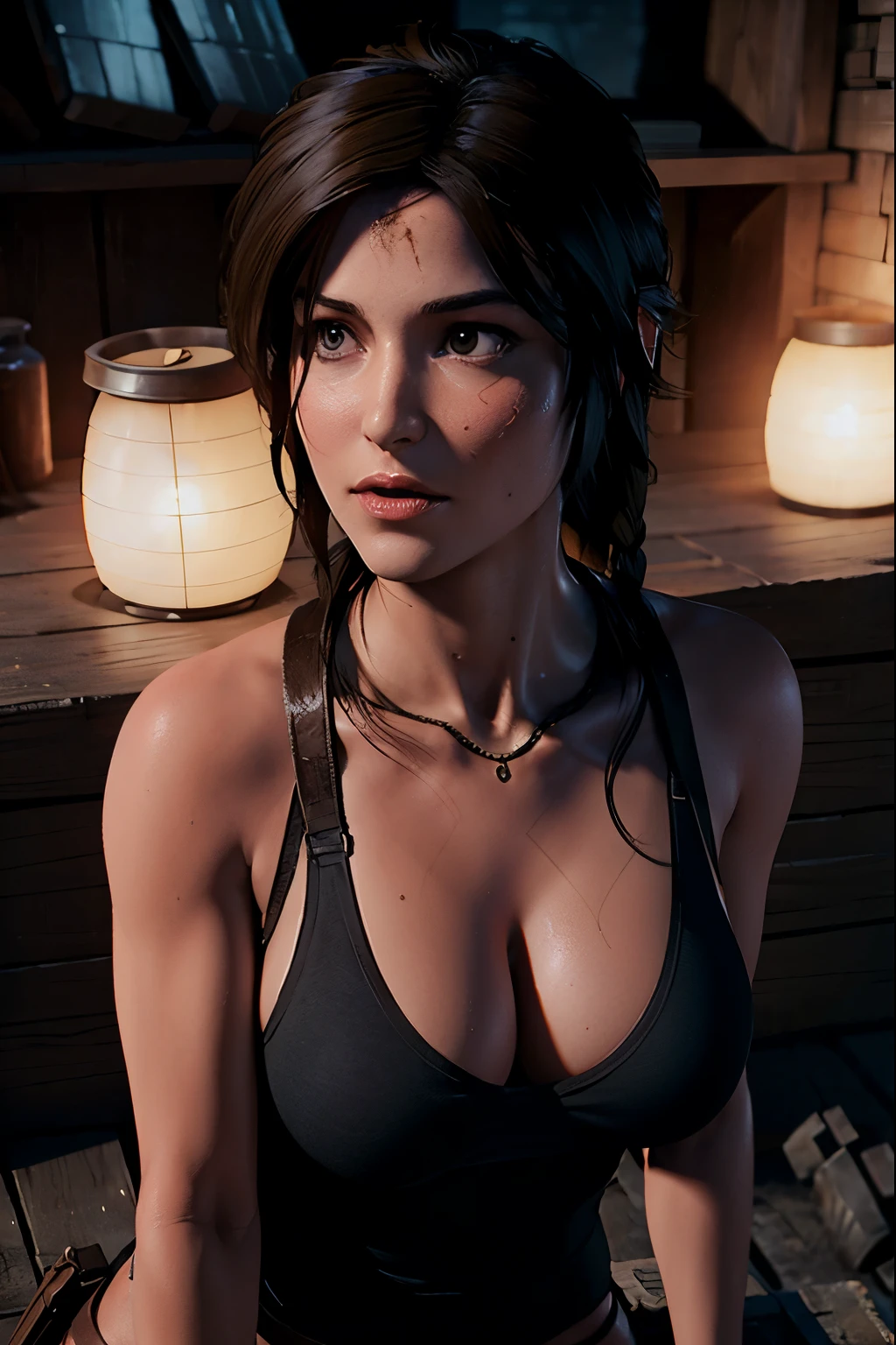 Nsfw, Lara Croft, rise of The tomb raider, (master part, 4k resolution, ultra-realistic, altamente detalhado), (Charismatic, ****** no topo da cidade), corpo inteiro, noite, dynamic lights, curvas perfeitas, buttpussy 