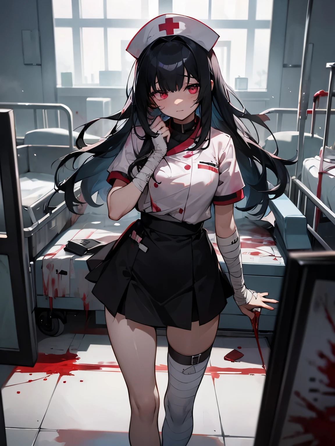 Blood droplets、blood、Internal organs、hospital、白と黒のnurse uniform、Bandages on both arms、Bandage on the leg、have a knife、cadaver、impatient face、be bothered、panic、hospitalの中、hospital room、desolation、window、black hair、pink eyes、long hairBlood droplets、blood、Internal organs、hospital、long hair、Let your hair down、disheveled hair、20-year-old、anxiety、panic、black and white short skirt、nurse uniform、aldult、kind、Blood droplets、short bangs、adult