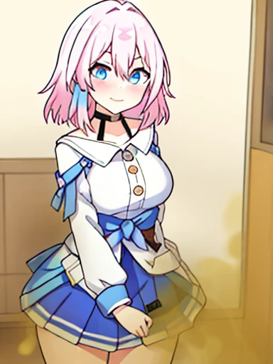 \(\(master piece\)\)、chest、see the beholder、short hair、\(multicoloured_eyes:1.5\)、\(pink hair:1.8\)、bangs、blue eyes、\(Long Rock:1.4\)、\(ribbon earrings\)、masterpiece、最high quality、high quality、disorganized、shiny skin、colorful、dynamic pose、stunning art、best quality、Super detailed、dynamic angle、very detailed、Reflective hair、proper lighting、Ray tracing、Depth of bounds written、Super detailedな、An illustration、wonderful、fine details、very detailed、\(\(Super detailed\)\)、\(beautiful detailed girl\) 、beautiful detailed shine、intricate details、High resolution、very delicate and beautiful、beautiful detailed eyes、real、HDR、round eyes、detailed facial features、\(An illustration\)、\(beautiful detailed eyes\)、\(\(very detailed顔\)\)、Depth of bounds written、eyebrows visible through hair、frills、\(Upper body: 1.4\)、clothes reflecting light、\(skin light diffraction: 1.35\)、\(shiny skin: 1.55\)、\(iridescence effect: 1.55\)、clavicle、white shirt、long sleeve、choker、flower、blue camera、blue skirt、青いflower、\(indoor、potted plants: 1.5\)、critical angle、fart、blush、Satisfied smile、Gas comes out of the butt、big breasts、lots of gas、shyness、put pressure on your face