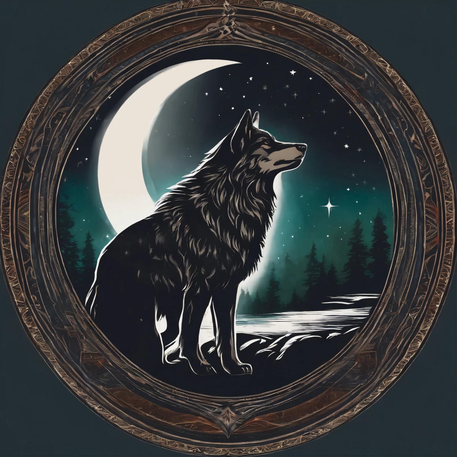 "A t-shirt design with a wolf silhouette inside a circle, crescent, and star
