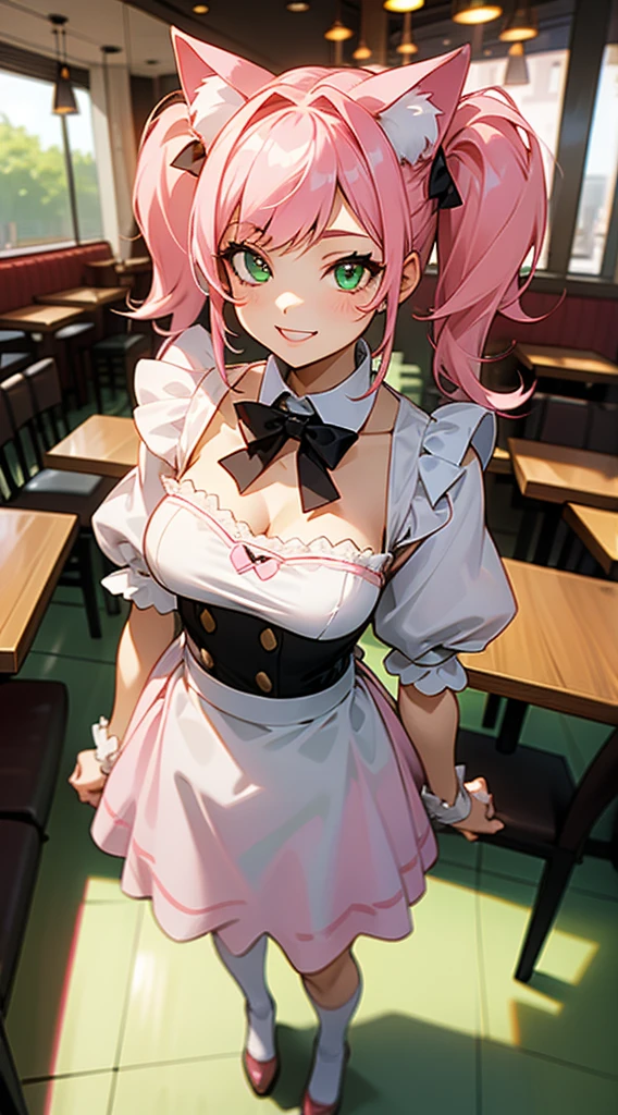 1 girl,alone,smile,teeth,White and black maid clothes,medium breasts,pink cat ears,light pink hair,Mega Twin Tails,green eyes,(((standing in a restaurant))),