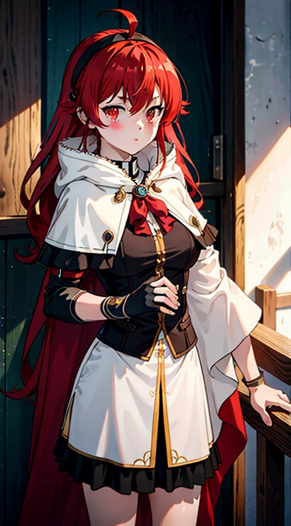 Upper body, 1 girl, Eris Greyrat, redhead, red eyes, Ahoge, hair band, capelet, coat, gloves,  (masterpiece:1.2), High resolution, highest quality, 8K, very clear,