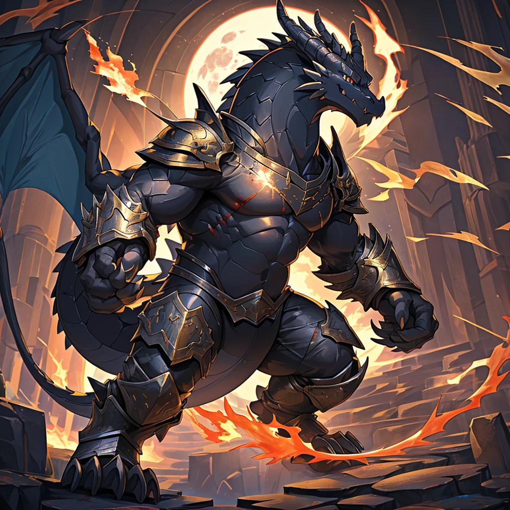 (The violent and powerful Black Dragon King is possessed by the black and gold magic armor，The modern black-gold magic armor completely controlled the powerful Black Dragon King：55)，(Broad dragon body，majestic wingspan，Sharp and huge dragon claws，thick dragon tail：2)，The Black Dragon King is stout and huge.，The crotch is tightly wrapped by the magic armor，Thick white liquid flows out from the Black Dragon King&#39;s crotch，Dragon legs are bent，(blue dragon flame：2)，blood moon，overwhelming sense of presence，full body picture，Very detailed，4K HD