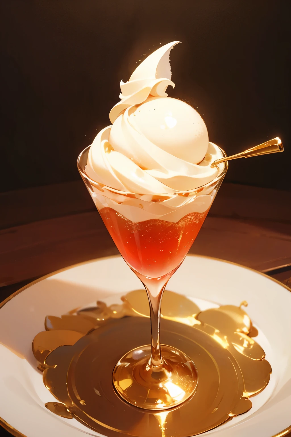 rose syrup, red roses, ice cream soda, gold dust on top, fancy