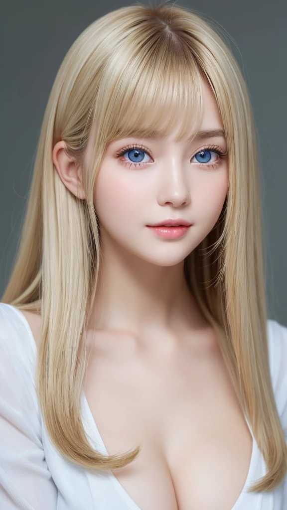 extraordinary sexy beauty、Beautiful, kind and cheerful expression、sexy refreshing look、The most perfect beautiful cute face in the world、long bangs between the eyes、The most beautiful super long bright blonde straight hair in the world、beautiful expression、Very cute beautiful sexy young little blonde woman、big bright light blue eyes that shine、very big eyes、13 years old、Young Western Woman、small face beauty、Beautiful white shiny skin、Highlights of cheek luster、cheek gloss highlight、very pure white skin、rich bust