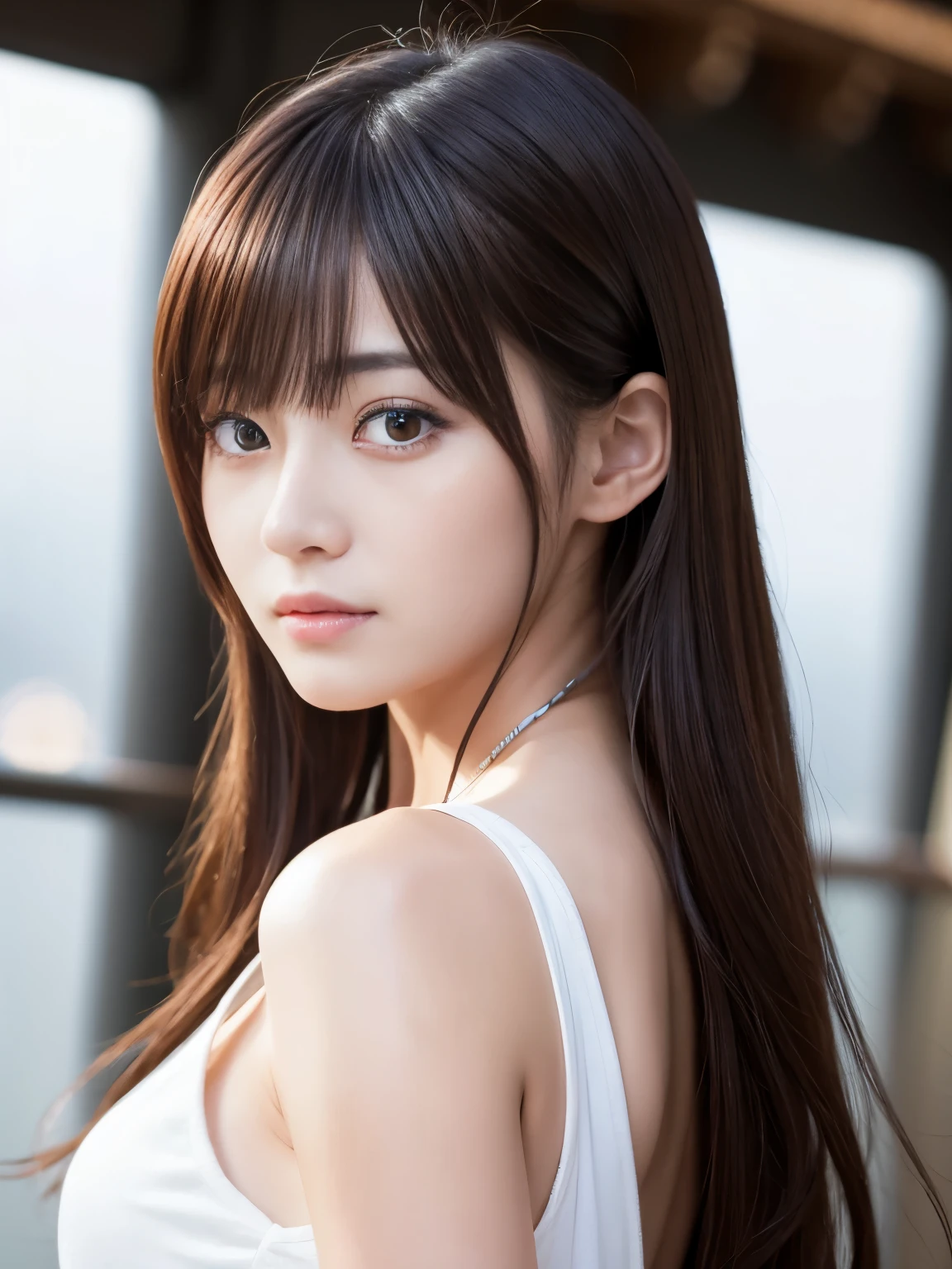 shiny hair, no makeup, masterpiece, Photorealistic, best quality, high resolution, shiny eyes,Separated eyebrow0.5, chuckle, Japanese idol,