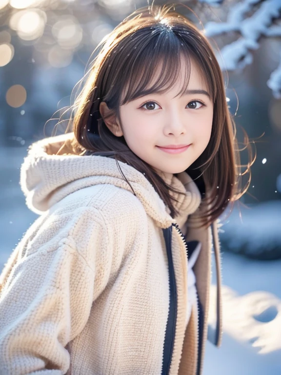 girl with, Snowy landscape, Winter wonderland, Cute and innocent look, rosy cheeks, Sparkling eyes, warm winter clothes, Poses in motion、footsteps in the snow, Falling snowflakes, Frosty tree, Snowy ground, soft snow texture, gentle and delicate lighting, Pastel color palette, dreamy ambiance, quirky and magical, A masterpiece of high resolution:1.2, Ultra-detailed, Realistic:1.37, Vivid colors, Bokeh、innocent smiles、Hair that flutters in the wind、Face Close-up