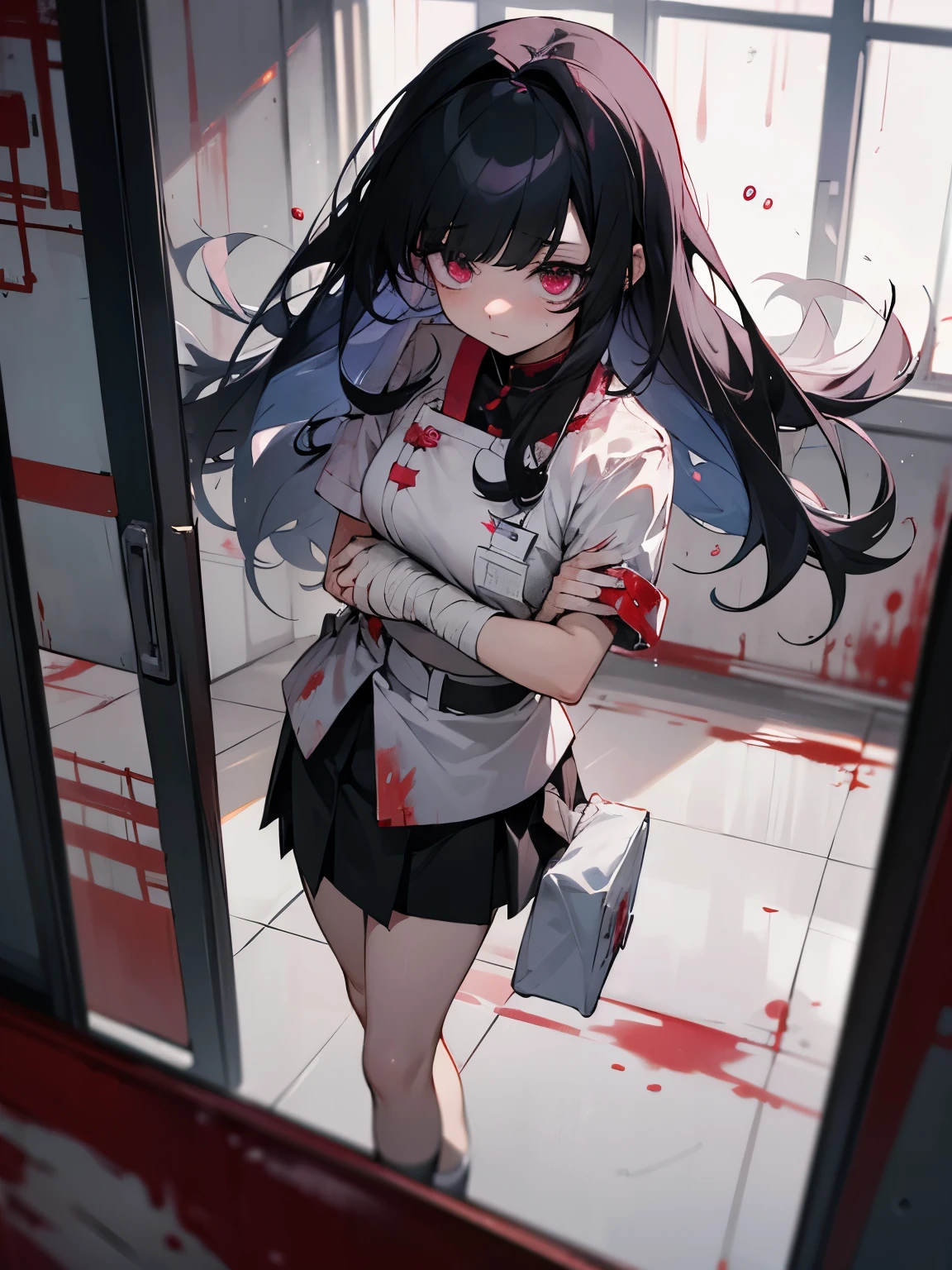Blood droplets、blood、Internal organs、hospital、白と黒のnurse uniform、Bandages on both arms、Bandage on the leg、have a knife、cadaver、impatient face、be bothered、panic、hospitalの中、hospital room、desolation、window、black hair、pink eyes、long hairBlood droplets、blood、Internal organs、hospital、long hair、Let your hair down、disheveled hair、20-year-old、anxiety、panic、black and white short skirt、nurse uniform、aldult、kind、Blood droplets、short bangs、adult