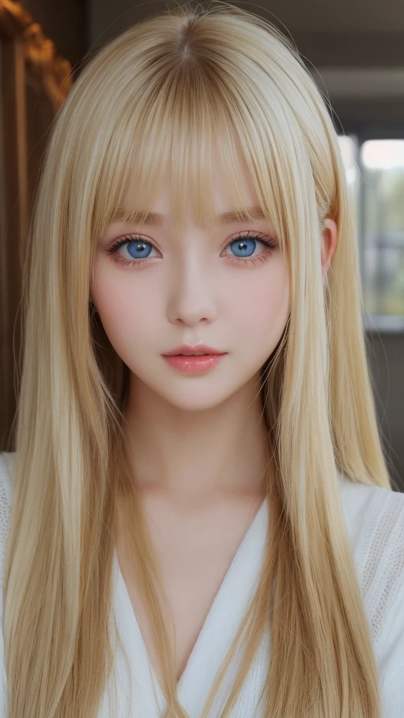 extraordinary sexy beauty、Beautiful, kind and cheerful expression、sexy refreshing look、The most perfect beautiful cute face in the world、long bangs between the eyes、The most beautiful super long bright blonde straight hair in the world、beautiful expression、Very cute beautiful sexy young little blonde woman、big bright light blue eyes that shine、very big eyes、13 years old、Young Western Woman、small face beauty、Beautiful white shiny skin、Highlights of cheek luster、cheek gloss highlight、very pure white skin、rich bust