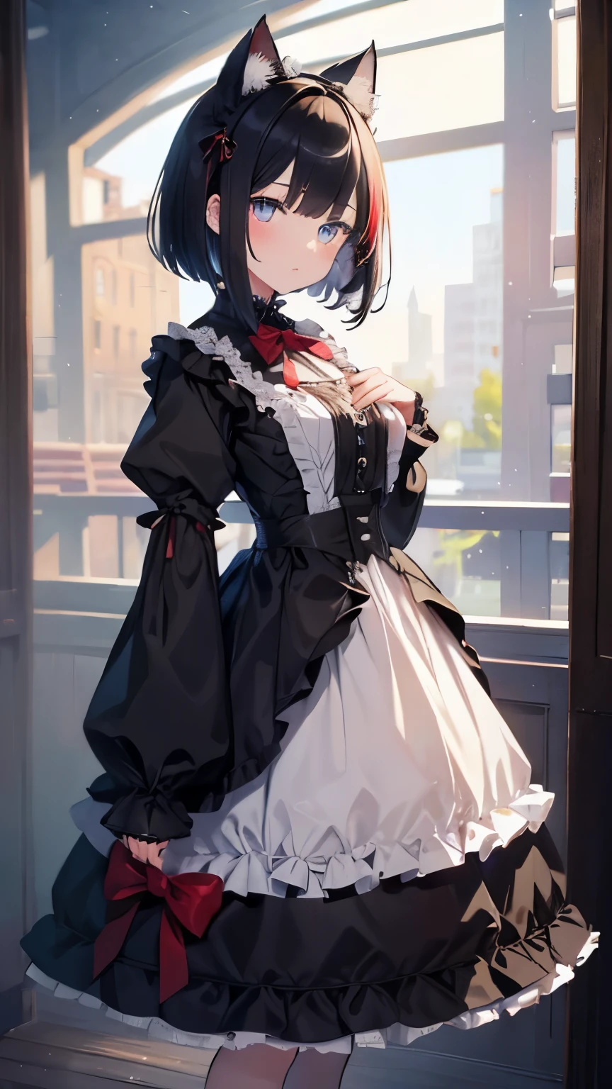 ((masterpiece:1.4、highest quality:1.2))、1 girl、solo focus、delicate face、Highly detailed anime faces and eyes、(conversion sequence)、Slender Beautiful Girl,black hair,short hair,Bob Heyer,bob cut,straight hair,((Blue right eye,red left eye),(odd eye,Eyes of different colors on the left and right))cat eyes,Black cat ears,Nekomimi,cat tail,Bad mood,small breasts,Gothic Lolita,frills,gothic lolita fashion,Western-style building,