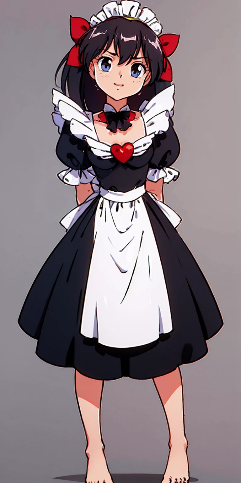 1girl, cute, ((Short black hair girl and long blonde hair girl)), maid victorian, maid apron, straight face, dazed, Body position: Standing, straight, symmetrical, barefoot, Lustful smile on face with red blush,