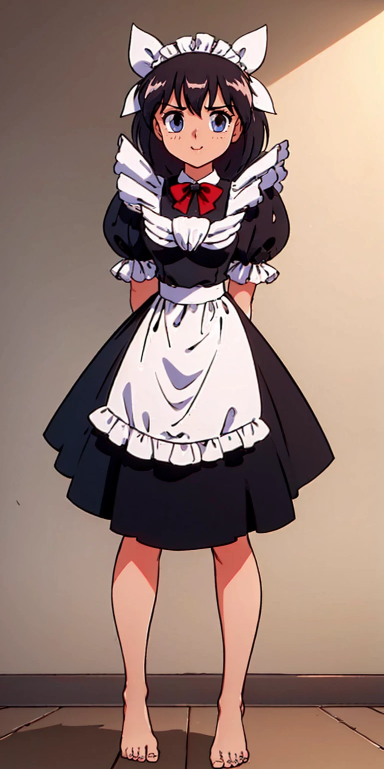 1girl, cute, ((Short black hair girl and long blonde hair girl)), maid victorian, maid apron, straight face, dazed, Body position: Standing, straight, symmetrical, barefoot, Lustful smile on face with red blush,
