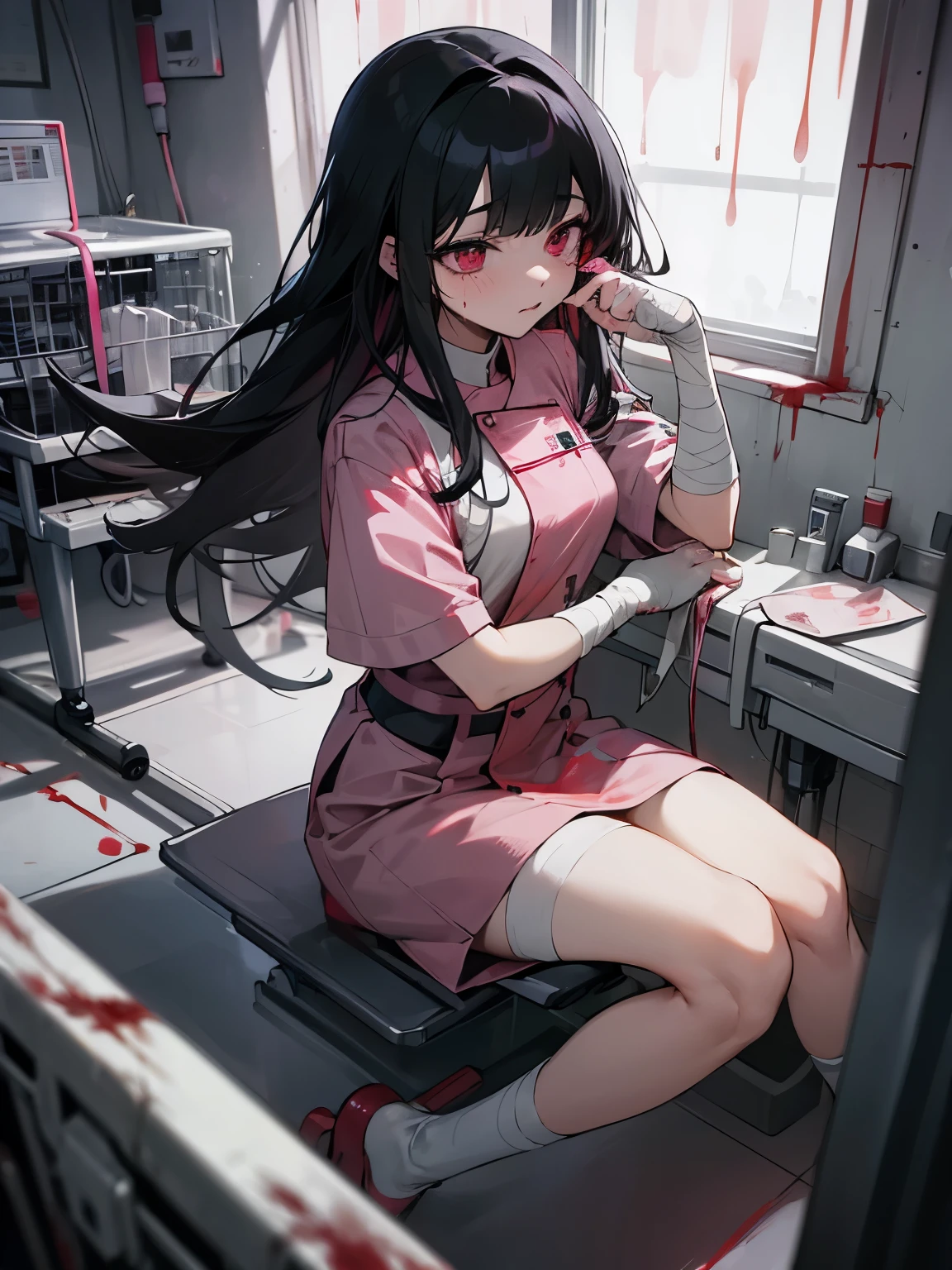 Blood droplets、blood、Internal organs、hospital、白と黒のnurse uniform、Bandages on both arms、Bandage on the leg、have a knife、cadaver、impatient face、be bothered、panic、hospitalの中、hospital room、desolation、window、black hair、pink eyes、long hairBlood droplets、blood、Internal organs、hospital、long hair、Let your hair down、disheveled hair、20-year-old、anxiety、panic、black and white short skirt、nurse uniform、aldult、kind、Blood droplets、short bangs、adult
