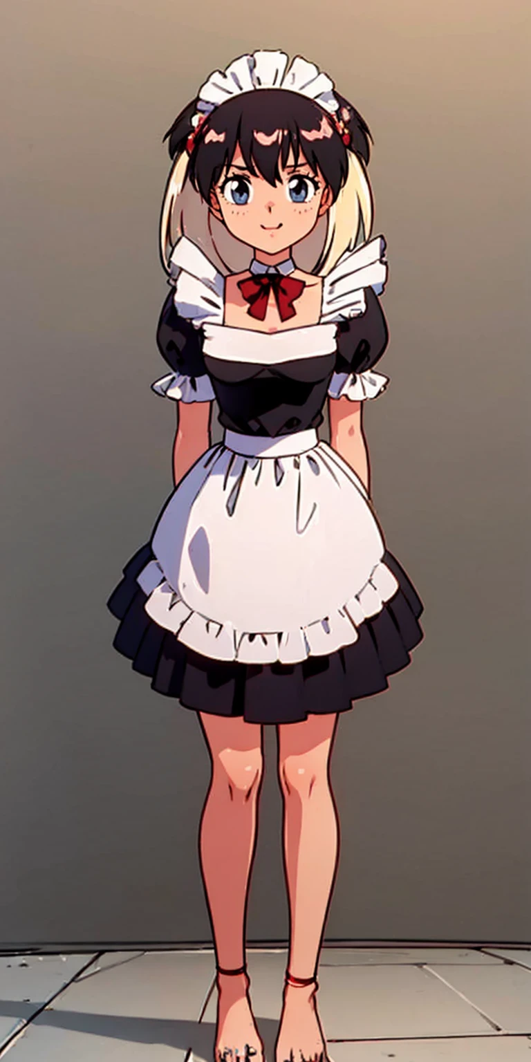 1girl, cute, ((Short black hair girl and long blonde hair girl)), maid victorian, maid apron, straight face, dazed, Body position: Standing, straight, symmetrical, barefoot, Lustful smile on face with red blush,
