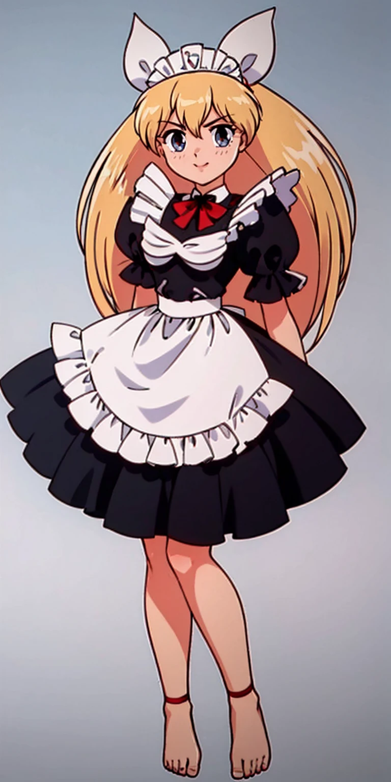 1girl, cute, ((Short black hair girl and long blonde hair girl)), maid victorian, maid apron, straight face, dazed, Body position: Standing, straight, symmetrical, barefoot, Lustful smile on face with red blush,