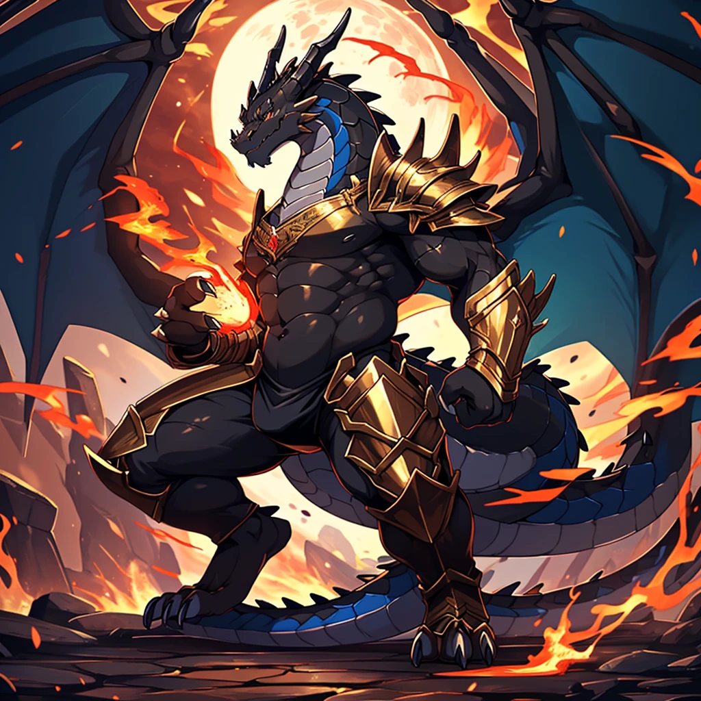 (The violent and powerful Black Dragon King is possessed by the black and gold magic armor,The modern black-gold magic armor completely controlled the powerful Black Dragon King:55),(Broad dragon body,majestic wingspan,Sharp and huge dragon claws,thick dragon tail:2),The Black Dragon King is stout and huge.,The crotch is tightly wrapped by the magic armor,Thick white liquid flows out from the Black Dragon King's crotch,Dragon legs are bent,(blue dragon flame:2),blood moon,overwhelming sense of presence,full body picture,Very detailed,4K HD