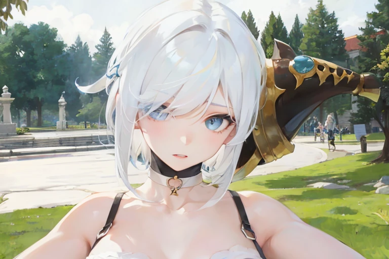 white hair, blue eyes, short hair, choker, bra,