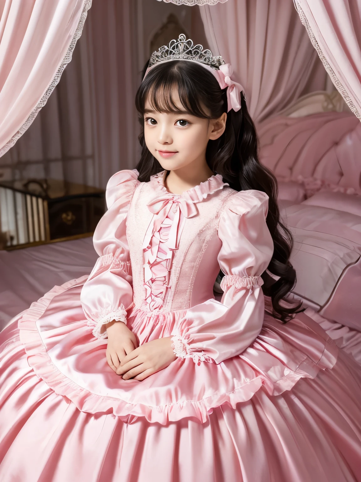 highest quality, masterpiece, highest resolution, artwork, super それにget used to it, many get used to it, get used to it, それにget used to it,(Loli),,the girl is a princess,((girly dark pink satin fabric)), Long hair that reaches to the waist,((A Victorian ballgown dress with plenty of pink ruffles and bows and a voluminous full-length hoop skirt.)),long sleeve,long dress,A dress with lots of frills and ribbons..,luxury,((Palace bedroom)),((Huge square victorian canopy king size bed)),(((the girl is sleeping on the bed))),(((Sleeping Princess))),lots of frilly pillows,ruffle bed skirt,