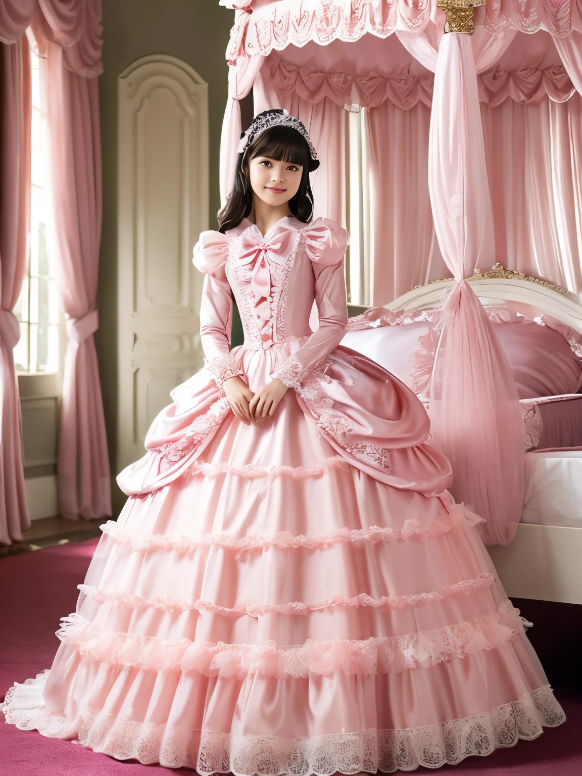 highest quality, masterpiece, highest resolution, artwork, super それにget used to it, many get used to it, get used to it, それにget used to it,(change),a  girl, 10 yegirl is a princess,((girly dark pink satin fabric)), Long hair that reaches to the waist,((Victorian ball gown dress with plenty of pink ruffles and bows and a voluminous full-length hoop skirt.)),long sleeve,long dress,A dress with lots of frills and ribbons....,luxury,((Palace bedroom)),((Huge square victorian canopy king size bed)),(Girl sitting on bed),lots of frilly pillows,ruffle bed skirt,