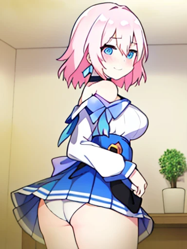 \(\(master piece\)\)、chest、see the beholder、short hair、\(multicoloured_eyes:1.5\)、\(pink hair:1.8\)、bangs、blue eyes、\(Long Rock:1.4\)、\(ribbon earrings\)、masterpiece、最high quality、high quality、disorganized、shiny skin、colorful、dynamic pose、stunning art、best quality、Super detailed、dynamic angle、very detailed、Reflective hair、proper lighting、Ray tracing、Depth of bounds written、Super detailedな、An illustration、wonderful、fine details、very detailed、\(\(Super detailed\)\)、\(beautiful detailed girl\) 、beautiful detailed shine、intricate details、High resolution、very delicate and beautiful、beautiful detailed eyes、real、HDR、round eyes、detailed facial features、\(An illustration\)、\(beautiful detailed eyes\)、\(\(very detailed顔\)\)、Depth of bounds written、eyebrows visible through hair、frills、\(Upper body: 1.4\)、clothes reflecting light、\(skin light diffraction: 1.35\)、\(shiny skin: 1.55\)、\(iridescence effect: 1.55\)、clavicle、white shirt、long sleeve、choker、flower、blue camera、blue skirt、青いflower、\(indoor、potted plants: 1.5\)、critical angle、fart、blush、Satisfied smile、Gas comes out of the butt、big breasts、lots of gas、shyness、put pressure on your face