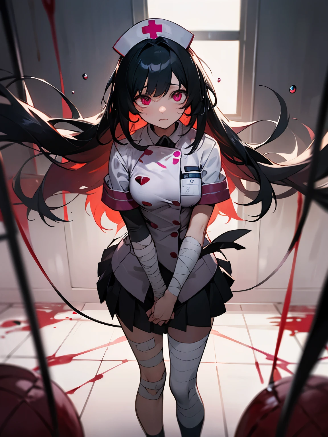 Blood droplets、blood、Internal organs、hospital、白と黒のnurse uniform、Bandages on both arms、Bandage on the leg、have a knife、cadaver、impatient face、be bothered、panic、hospitalの中、hospital room、desolation、window、black hair、pink eyes、long hairBlood droplets、blood、Internal organs、hospital、long hair、Let your hair down、disheveled hair、20-year-old、anxiety、panic、black and white short skirt、nurse uniform、aldult、kind、Blood droplets、short bangs、adult