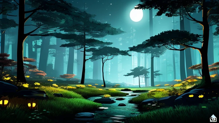 there are many lights that are on in the dark forest, digital art inspired by Eyvind Earle, digital art, night forest background, night forest, in a forest at night, deep forest in the night, priests roam with lanterns, firefly forest at night, in the forest at night, in a beautiful setting