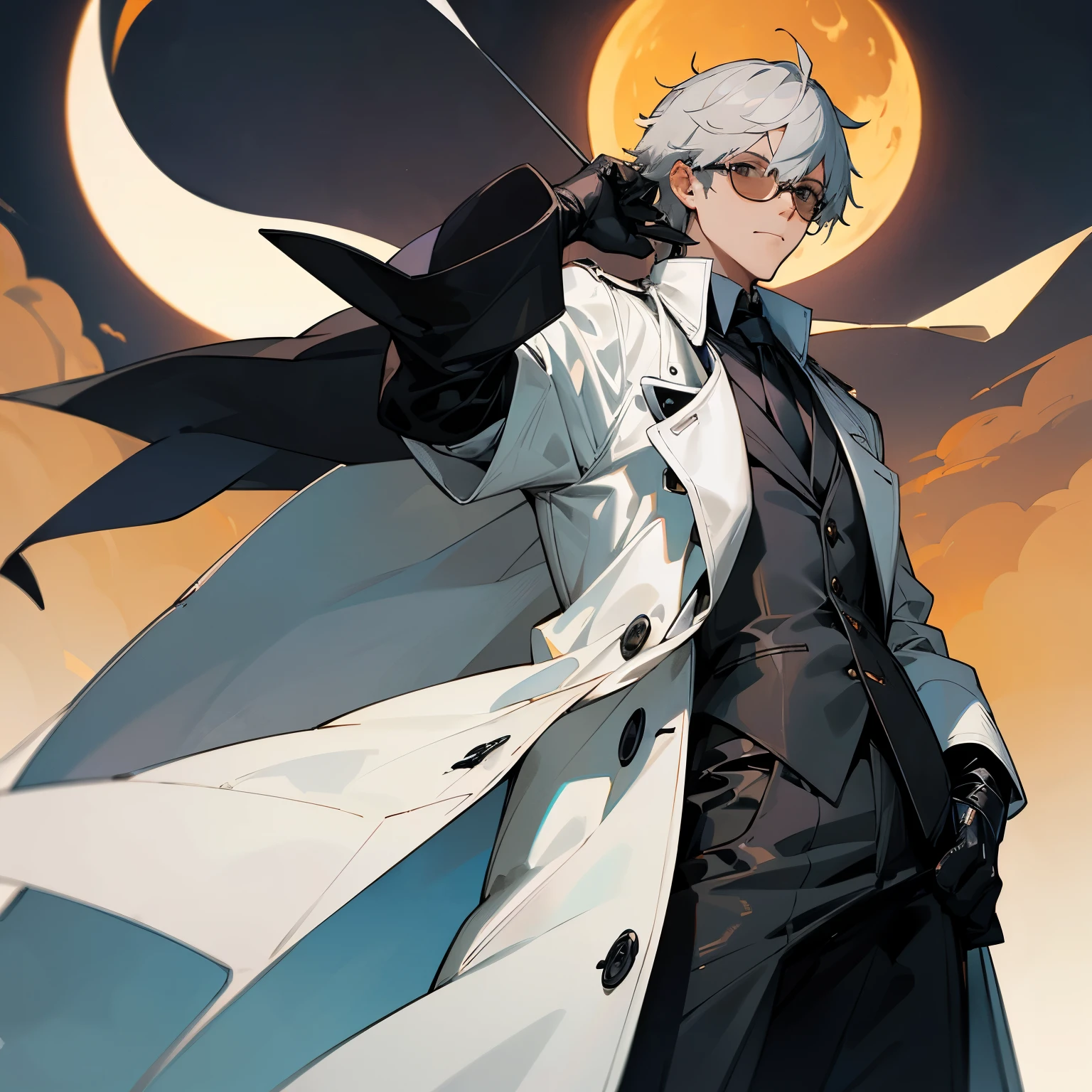 Man in a white trench coat, black shirt, and gray hair, standing Infront of an eclipse, who has glasses and a black latex glove on his left hand, but he's a bit chubby