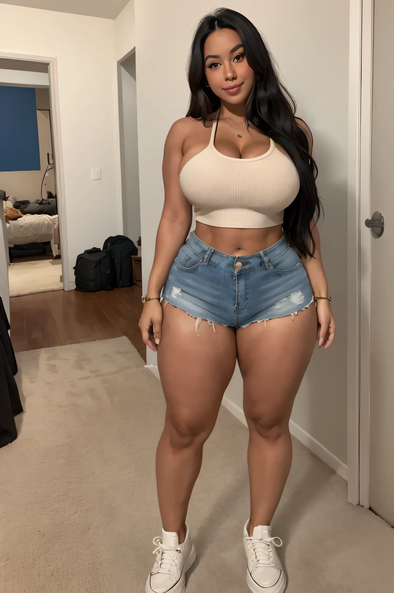 2 tanned thick fit 21 years female, cleavage, muscular, head to toe shot, in sneakers. standing, facing camera, blonde wavy hair, wearing tight sexy shorts and top, standing straight, masterpiece, anatomically correct. Full body shot, thick muscular legs