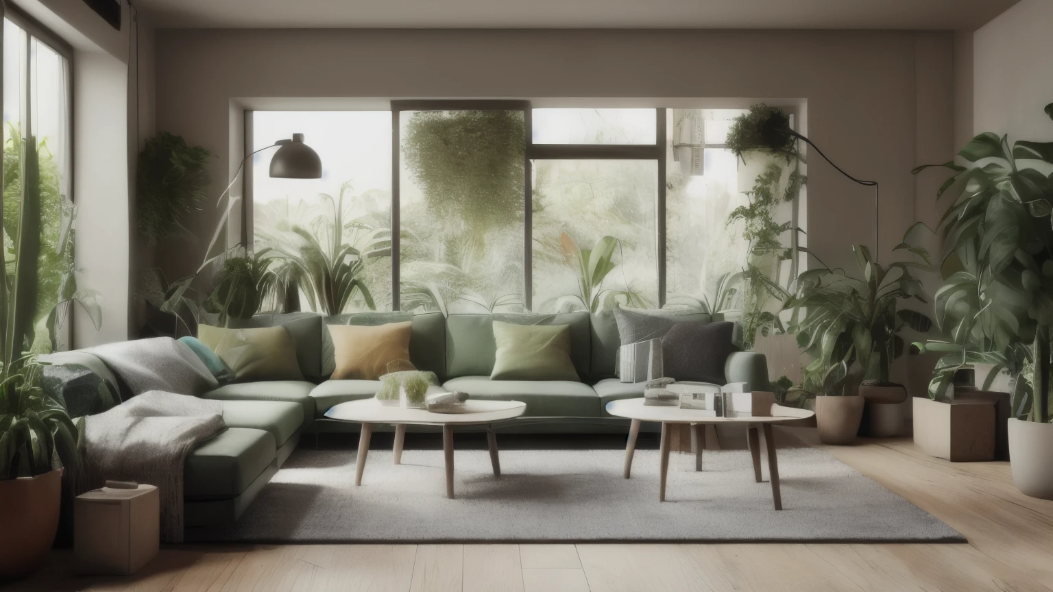The interior of the living room with a sofa and indoor tropical plants