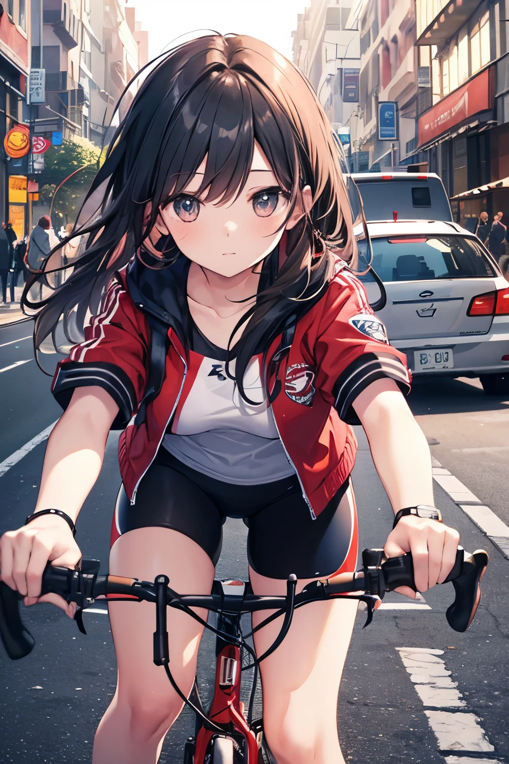 ride a cycling car、girl、shortcut、shorts、looking at the camera、light on face、Backlight illumination、Background cityscape