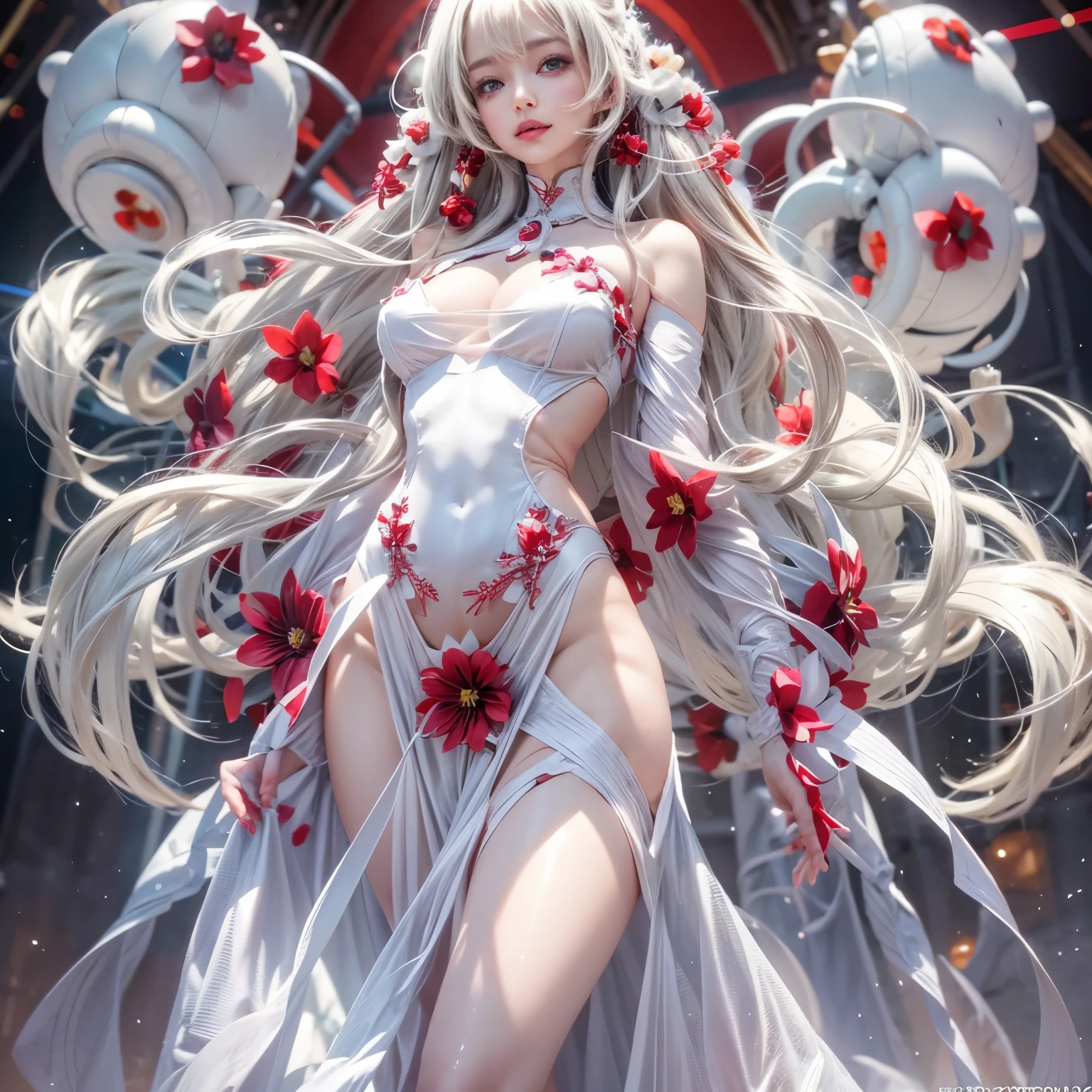 ((NSFW:-0.9, (nipple:-0.9), Acutance:0.85, White and Red, Mystic sight, (many Dazzling flush lights with lens flares) and lens Ghost, Luminous Particles, many colorful Lights )) . best quality, (masterpiece:1.3, realistic, photorealistic, ((analog photo:1.37)), ultra detailed:1.3) . (Amazing KAWAII Idols Walking on stage), ((Extremely detailed (KAWAII face variations)) with joyful expressions), { oiled ivory skin | Overflowing Biomechanical HUGE and HEAVY boob | pretty hips | (Exquisitely White dress with back cutouts) | Full of flowers covering girl's body | long hair:-0.8 }, { (Visible naked backs with Overflowing sideboob) | ( Walking on stage with Red highheels, large crowd:1.4) } . (((Ass focus, butt crack))), Whole Body proportions and all limbs are anatomically accurate .